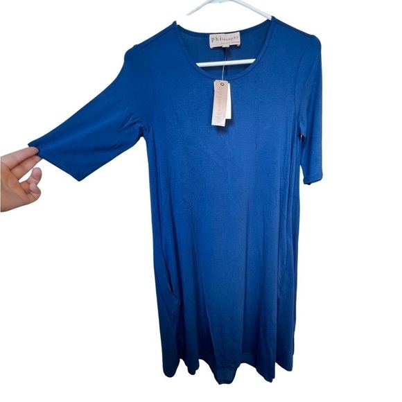 𝅺NWT Philosophy Elbow Sleeve Crew Neck Swing Dress Blue XS with side pockets - Picture 3 of 10